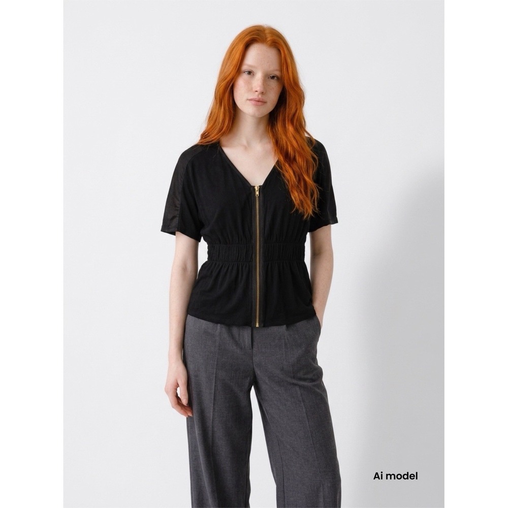 Patterson J Kincaid Black Mixed Media Zip Front Peplum Top Short Sleeve Small